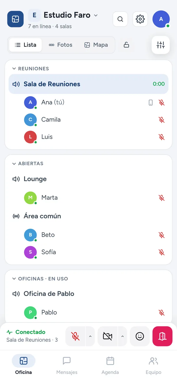 Captura de Pasillo en el celular: vista Lista con Reuniones, Abiertas y Oficinas en uso, la barra de llamada y las pestañas